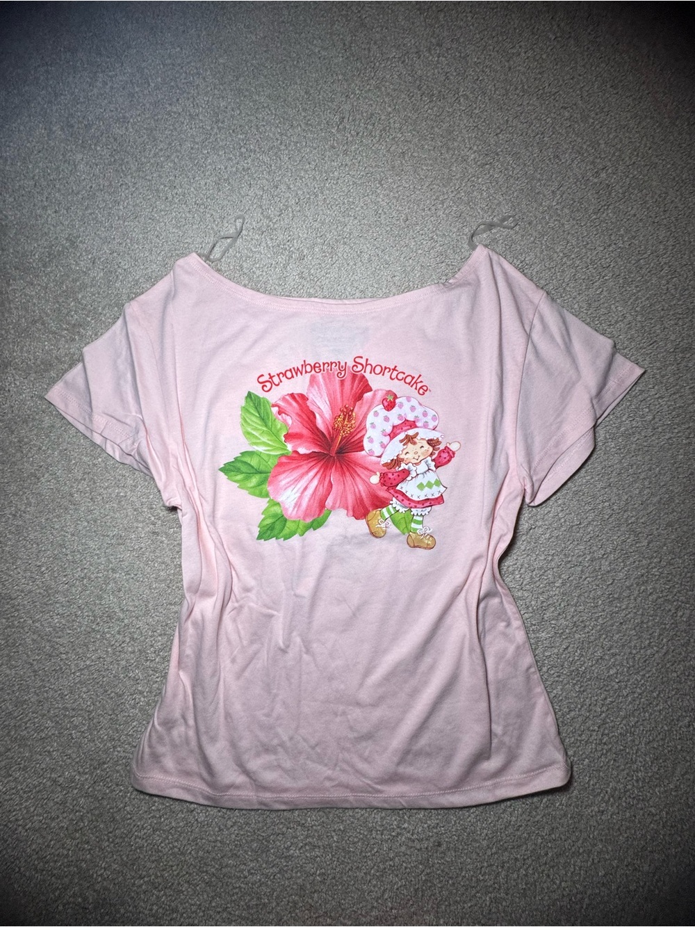 Strawberry Shortcake Tropical Flower Pink Off the Shoulder Oversized Junior Tee